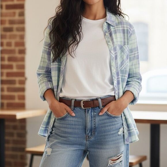 Vineyard Vines Pacific Plaid Relaxed Fit Brushed Cotton Linen Shirt Blue Size 6 - Picture 1 of 6